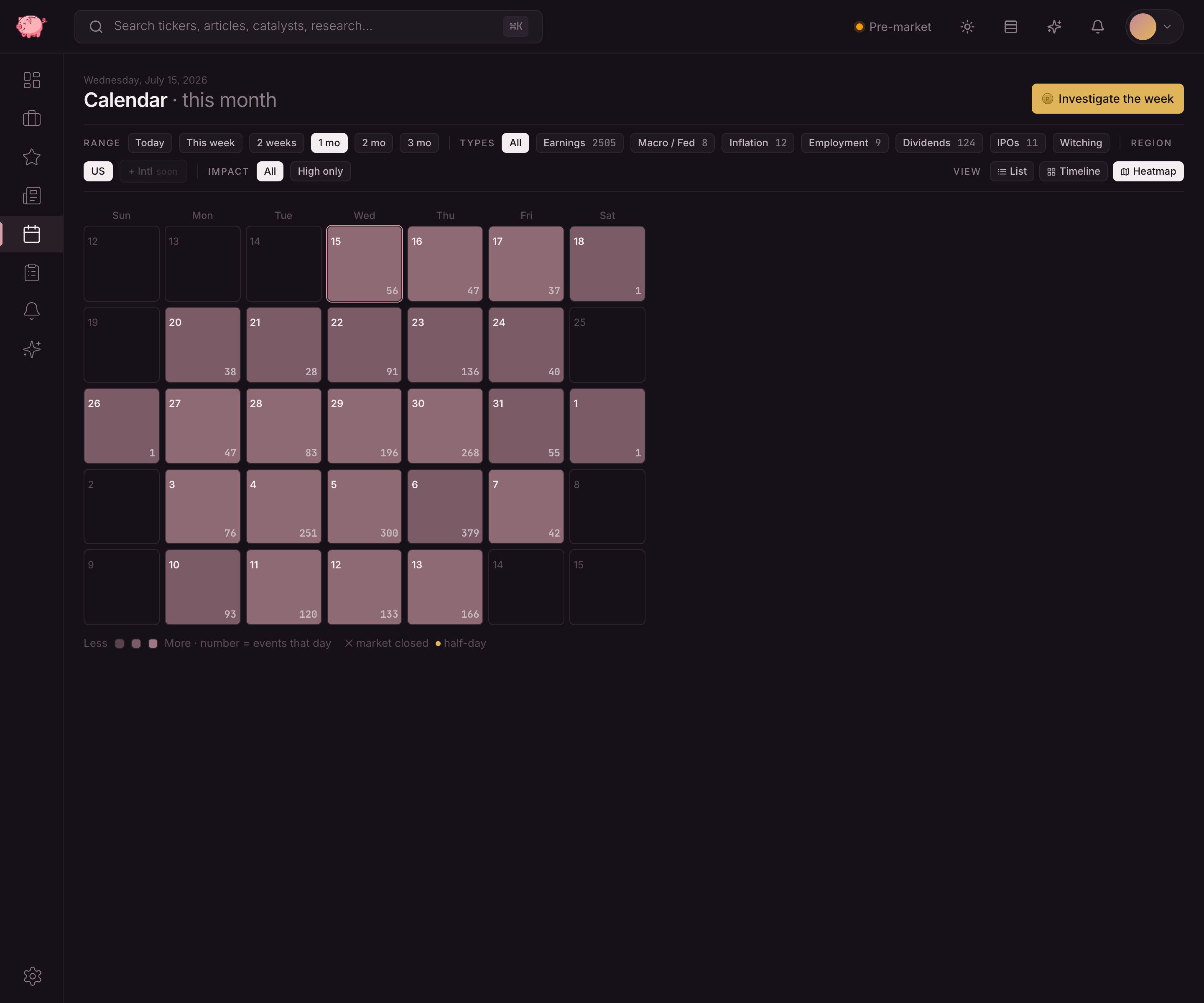 Catalyst calendar heatmap: event density per day across the month