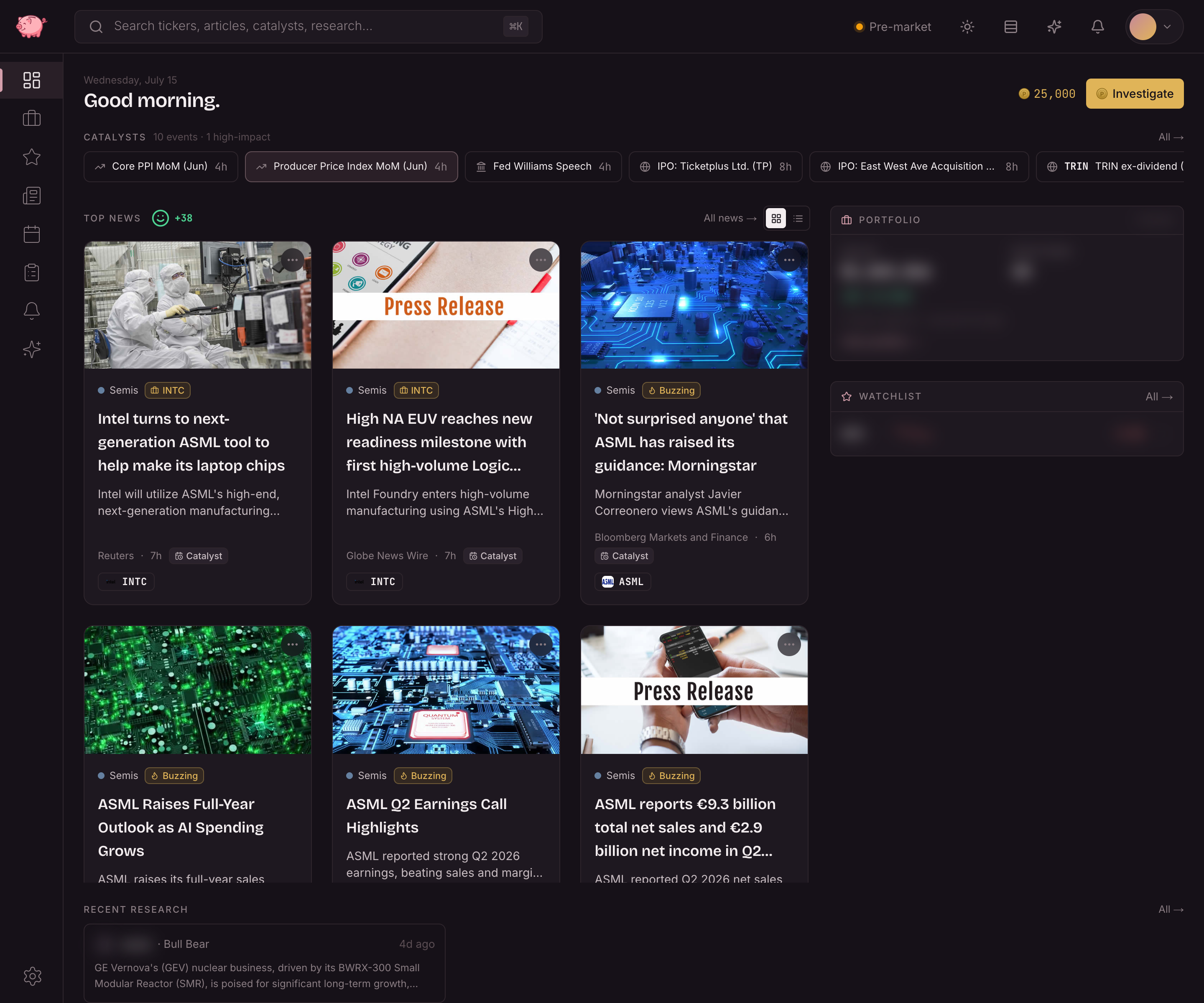 FatPiglet dashboard: greeting, catalyst strip, ranked news, portfolio and watchlist
